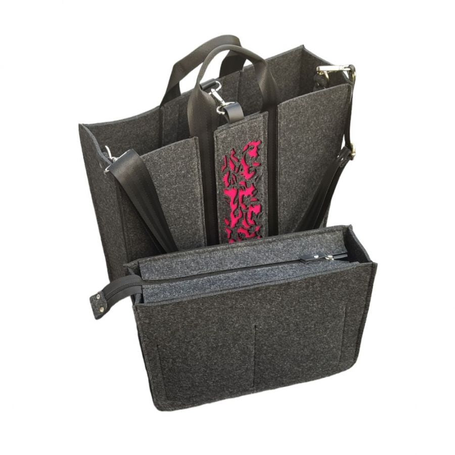 Torba Filcowa XXL z Organizerem - GRAFITOWA - 2 w 1 - ażur fuksja