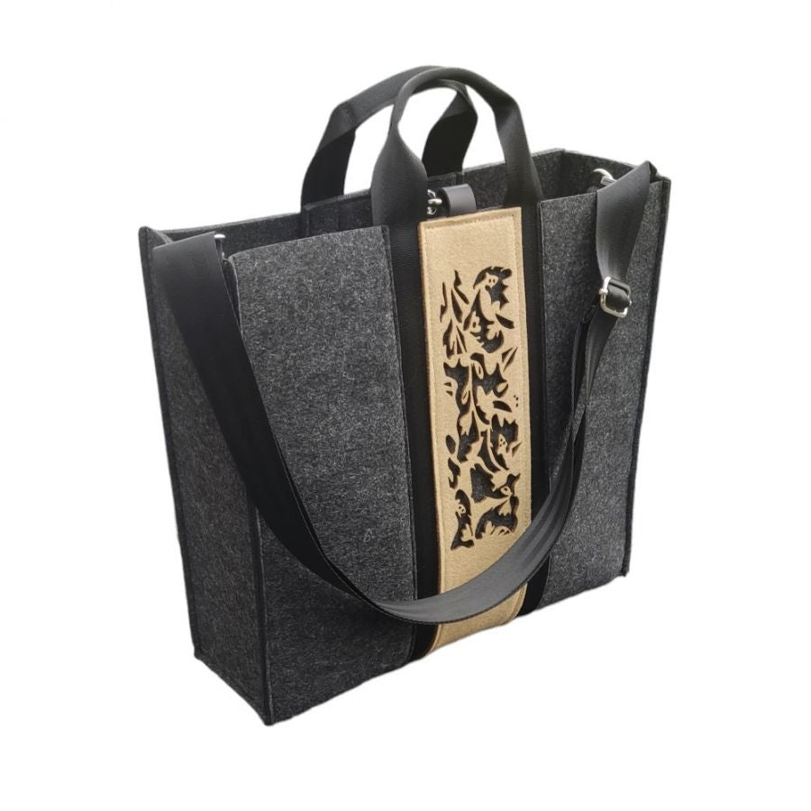 XXL Felt Bag with Organizer - GRAPHITE - 2 in 1 - beige panel